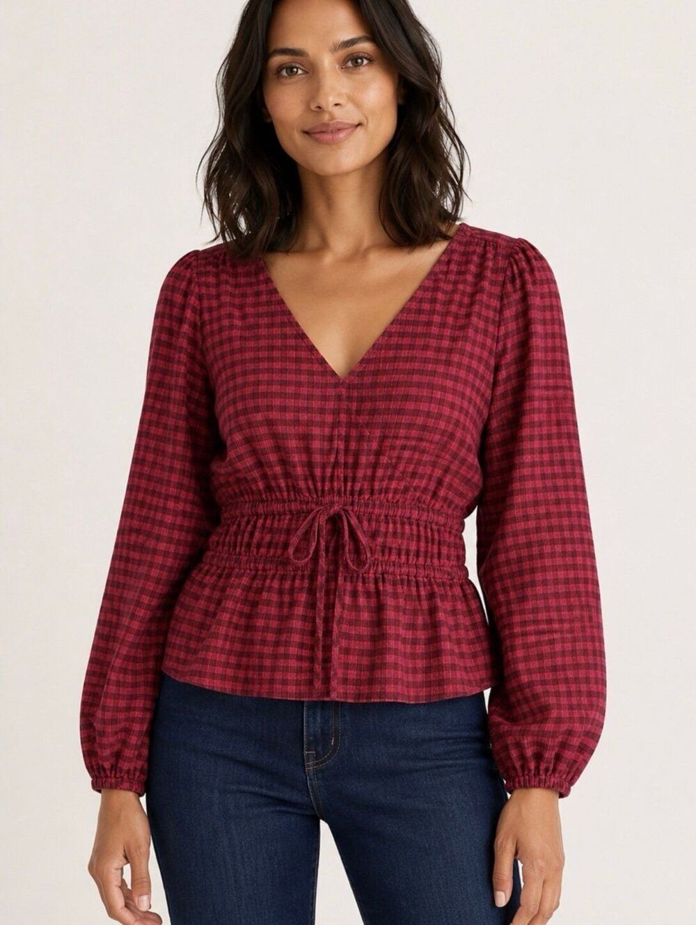 Madewell Crinkled V-Neck Tie-Front Plaid Top in Hibiscus